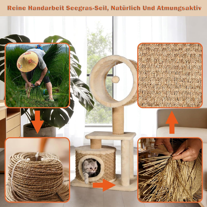 Kratzbaum Modern mit Sisal Kratzsäulen & Handgestrickter Höhle – Stabiler Katzenbaum aus Natürlichem