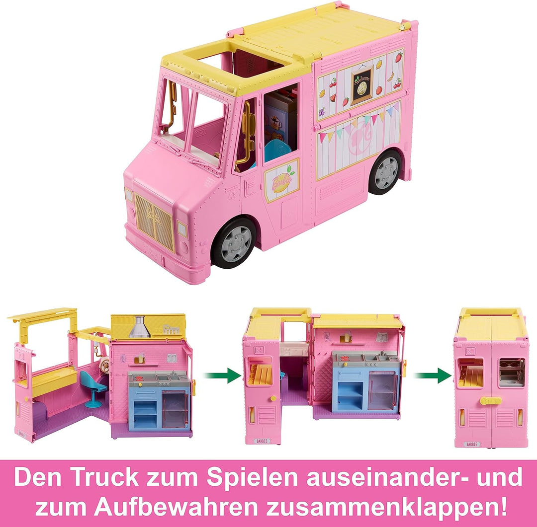 BARBIE Limonadenmobil - Süsser Truck mit Zubereitungsbereich und Essplatz, umwandelbar für heisse So