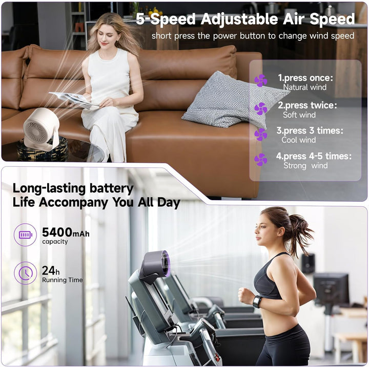 Wiederaufladbarer USB-Schreibtischventilator mit Digitalanzeige, 5-stufiger ultraleiser Tischventila