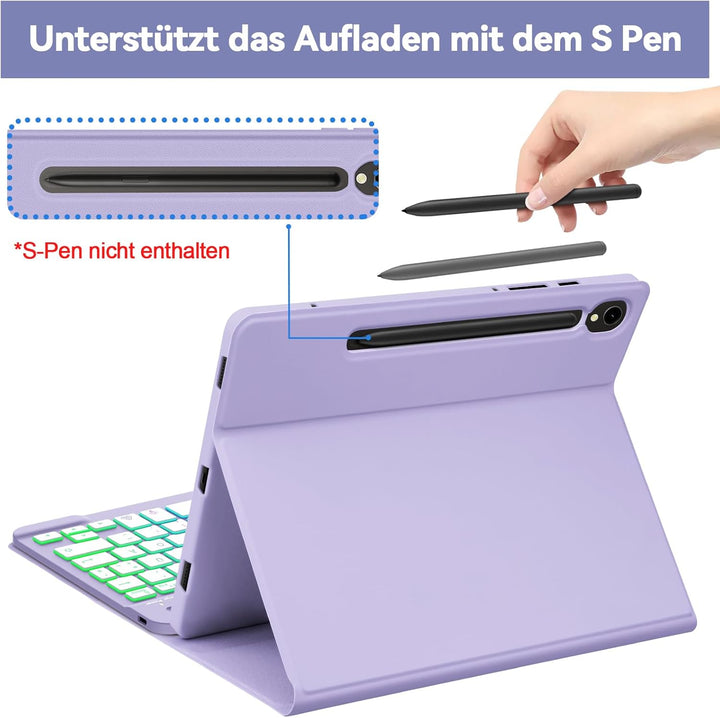 Bettdow für Samsung Galaxy Tab S9 FE 2023 Tastatur Hülle, QWERTZ Layout Abnehmbarer Beleuchtete Tast