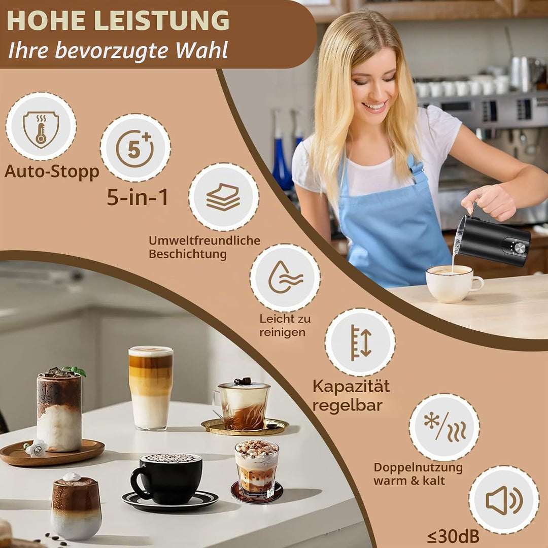 Milchaufschäumer Elektrisch 5-in-1, 350ml Fassungsvermögen, Heisser & kalter Milchschaum, Milch erwä