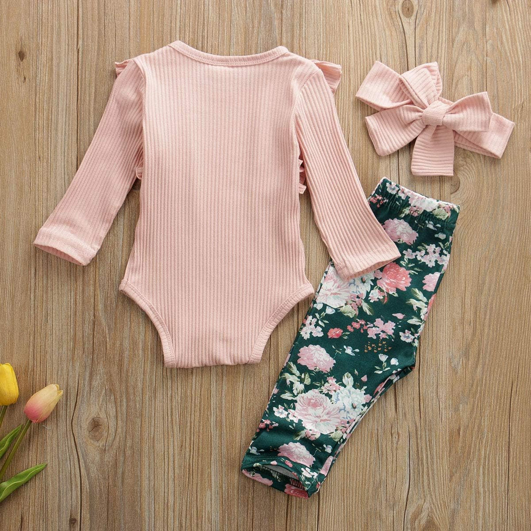 Geagodelia Babykleidung Set Baby Mädchen Langarm Body Strampler + Blumen Hose + Stirnband Neugeboren