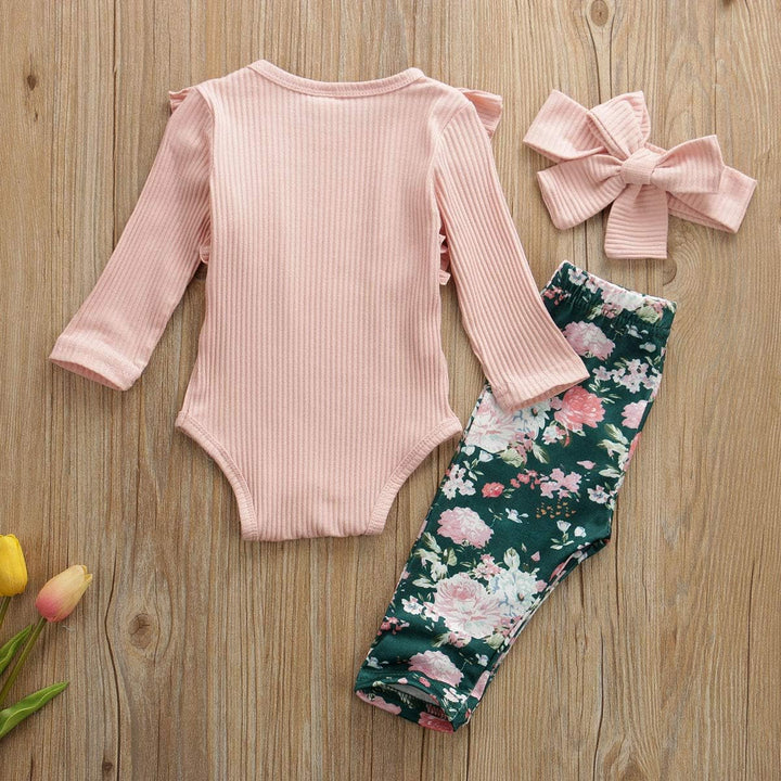 Geagodelia Babykleidung Set Baby Mädchen Langarm Body Strampler + Blumen Hose + Stirnband Neugeboren