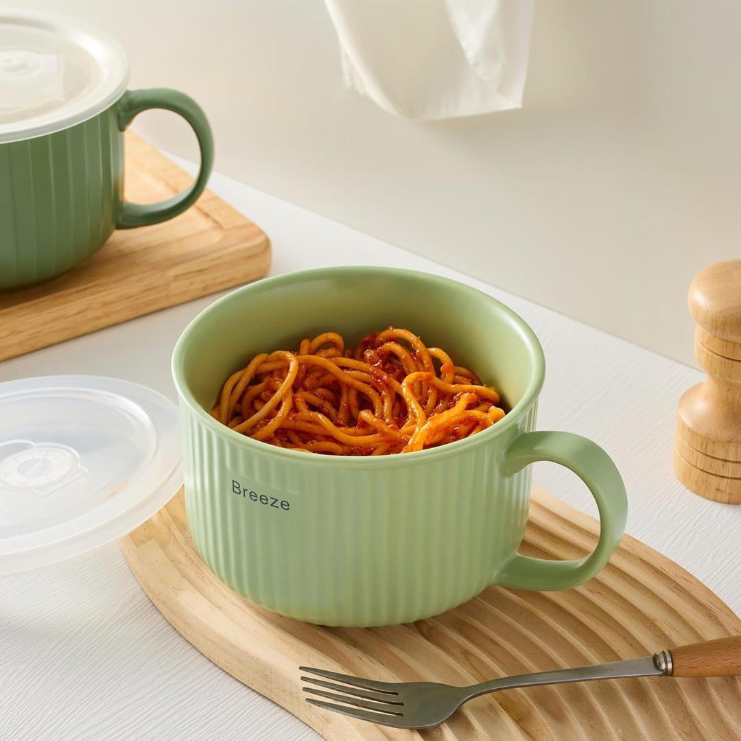 Keramik Suppenschalen mit Griff und Deckel, 750 ml Grosse Suppentasse für Suppe, Instant-Nudel, Müsl