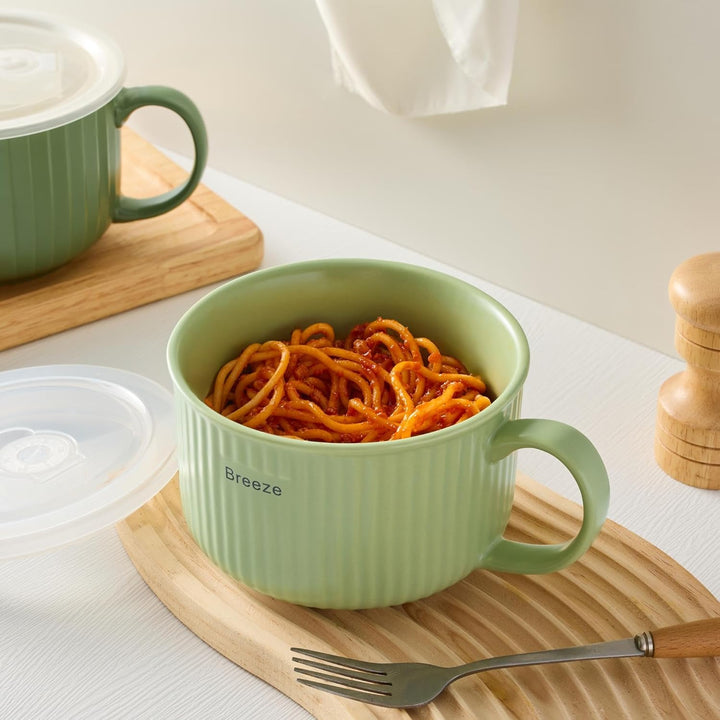 Keramik Suppenschalen mit Griff und Deckel, 750 ml Grosse Suppentasse für Suppe, Instant-Nudel, Müsl