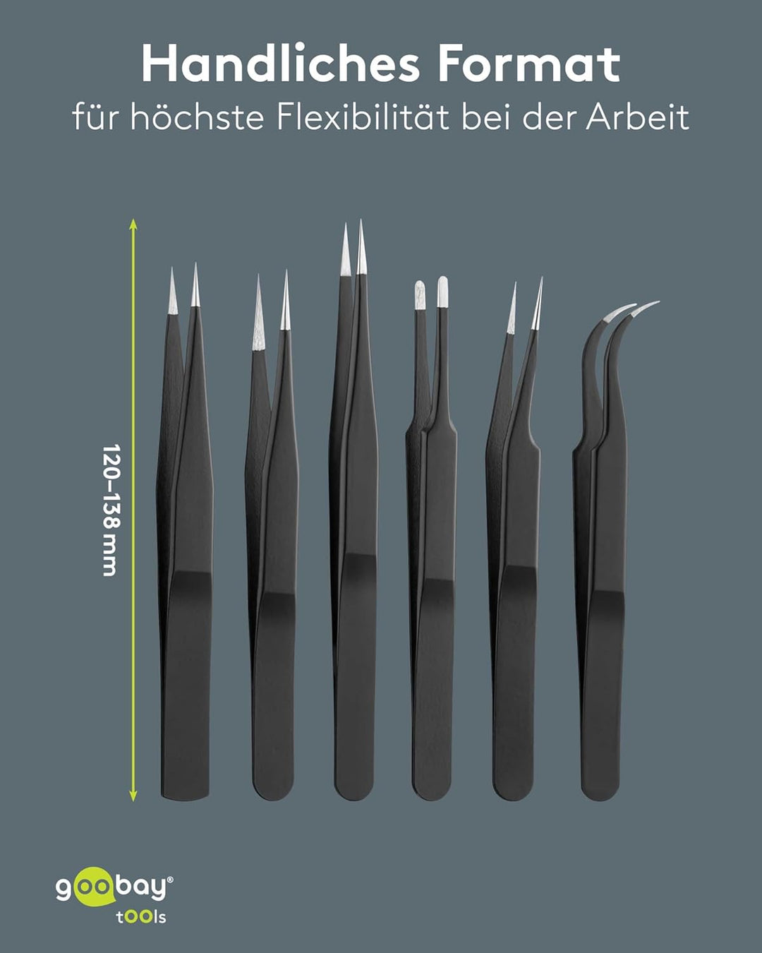 Goobay 41256 Pinzette Set mit rostfreien Flachpinzetten, Spitzpinzetten, Kreuzpinzetten plus Antista