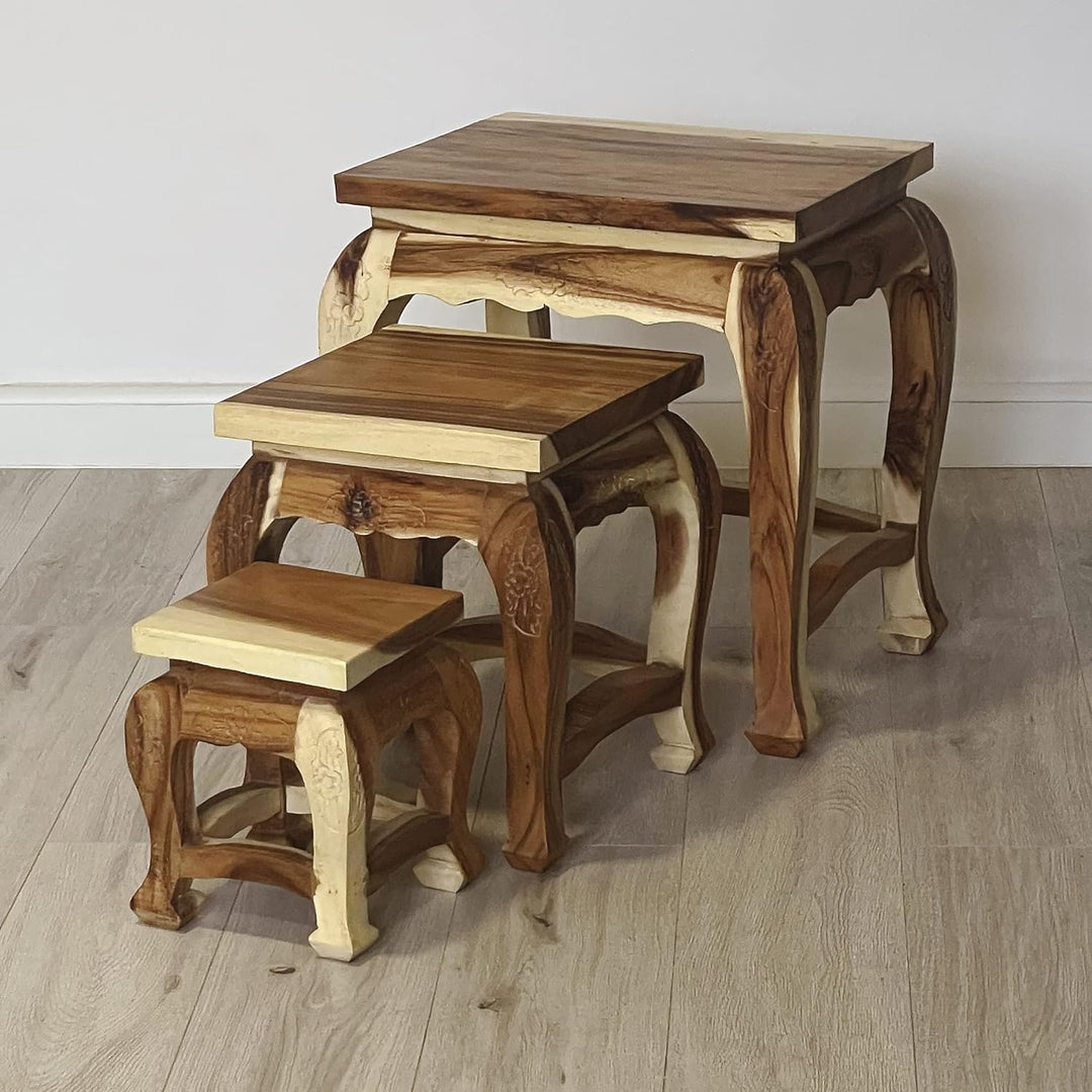 livasia Hoher Opiumtisch im 3er Set | Massivholz Beistelltisch | Asiatische Blumenhocker | Couchtisc