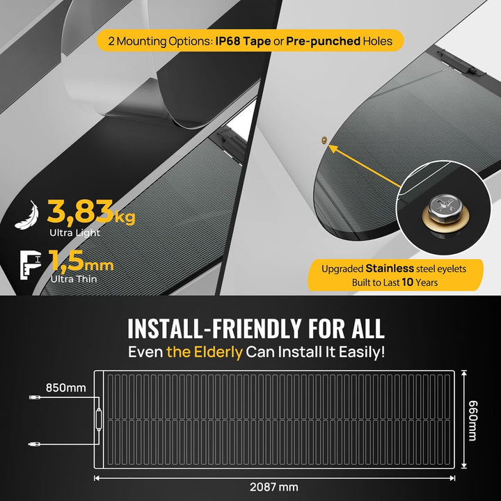 BougeRV Yuma 200W CIGS Solarpanel Flexibel 360° Flexible Solarmodule ETFE IP68 mit Klebeband Solarpl