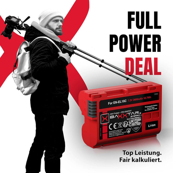 Baxxtar MaxProtect EN-EL15c Kamera-Akku (2400mAh) mit aktivem NTC-Sensor und V1 Gehäuse - auch für Z