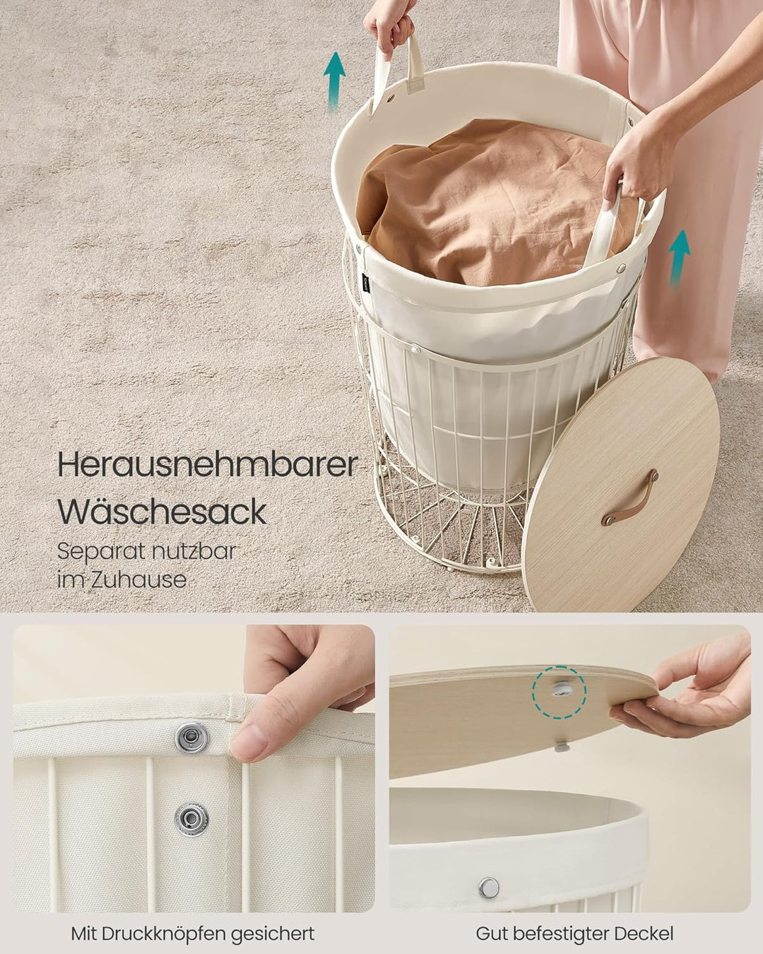 SONGMICS Wäschekorb mit Deckel, Wäschesammler rund, 95 L, vielseitig, herausnehmbarer Wäschesack, gr