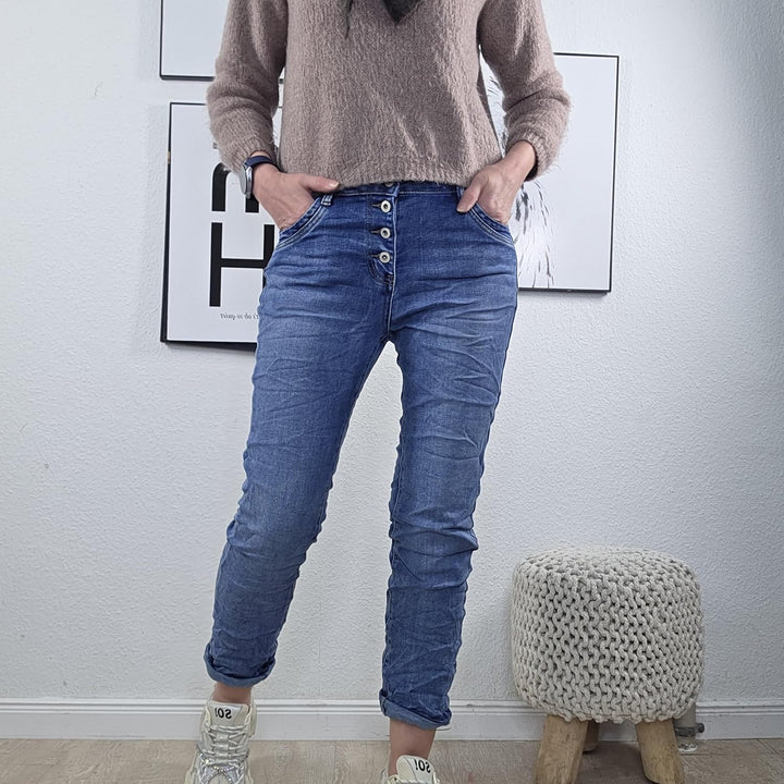 Karostar Damen Boyfriend Stretch Jeans mit offener Knopfleiste XL Denim Middle Blue, XL Denim Middle