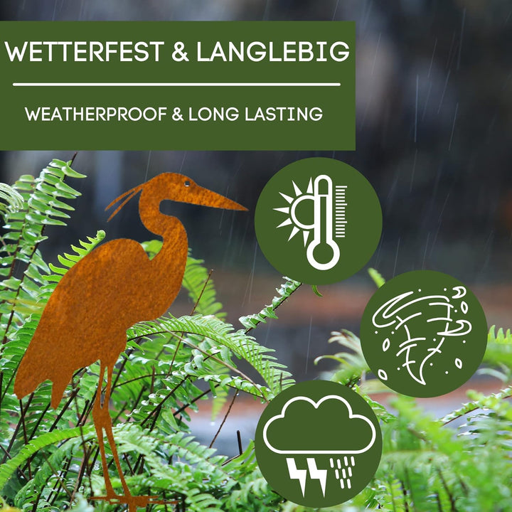 MM Steel Styles Edelrost Reiher Gartenstecker-einfach einsteckbare Rostdeko aus hochwertigem Cortens