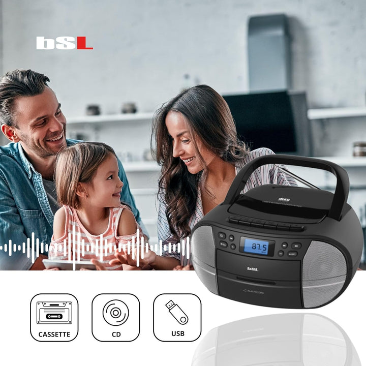 BSL Boombox Tragbares CD-Radio mit Kassette und Bluetooth JL2021A, mit 6 W RMS Leistung, UKW-Radio u