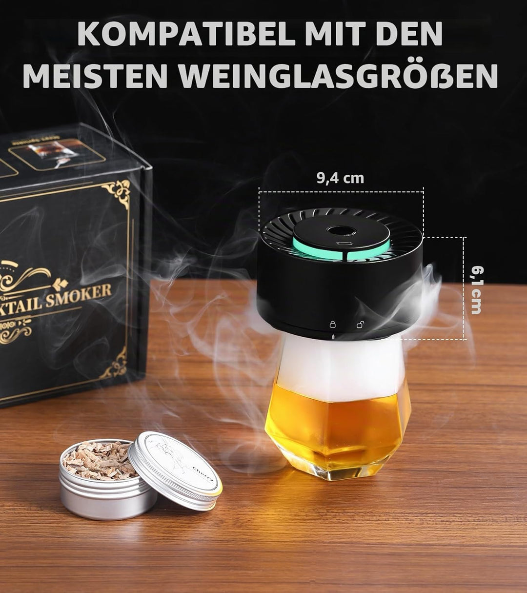 Elektrisches Whisky-Räucherset mit LED-Licht, 6 Holzspäne-Aromen, kein Butan erforderlich, wiederauf