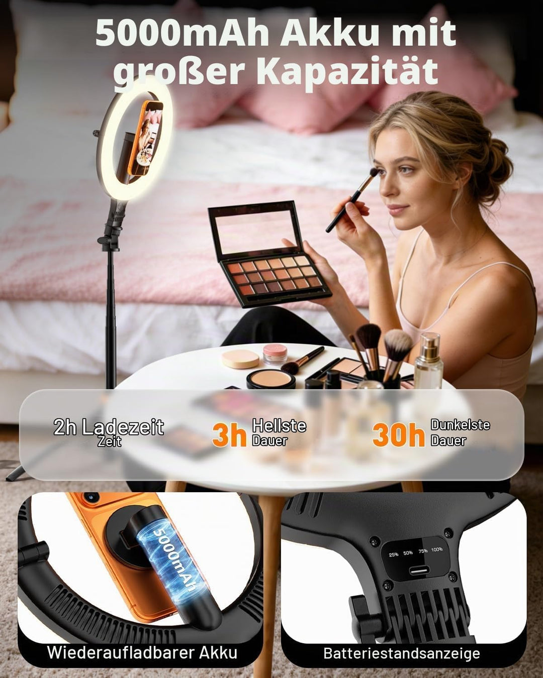 CloudValley 10" Magnet Ringlicht mit 76" Stativ, Handy Stativ mit 5000mAh wiederaufladbarem Licht, F