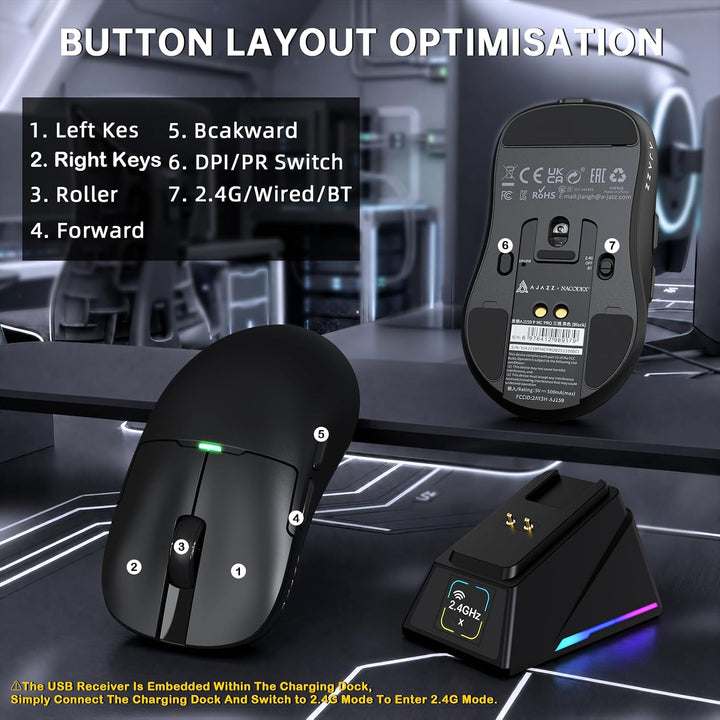 A.JAZZ AJ159P MC PRO Superlight Kabellose Gaming-Maus, RGB Ladedock-Schwarz, Schwarz