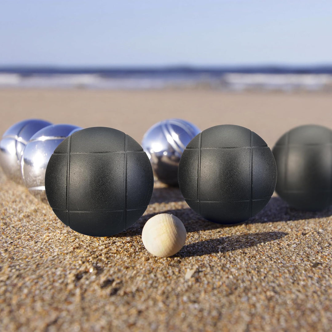 Relaxdays Boule Kugeln, 6 Metall-Kugeln, Set mit Zielkugel & Abstandsmesser, Tragetasche, Boccia Spi
