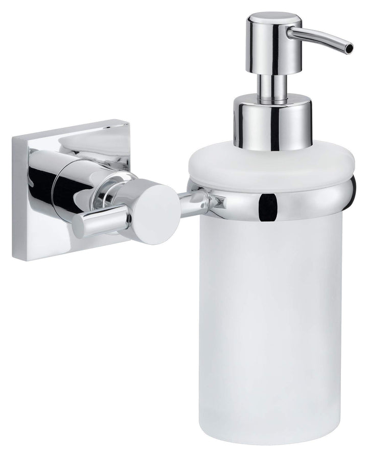 tesa HUKK Seifenspender-Set, satiniertes Glas und verchromter Edelstahl - Flüssigseifenspender zur W