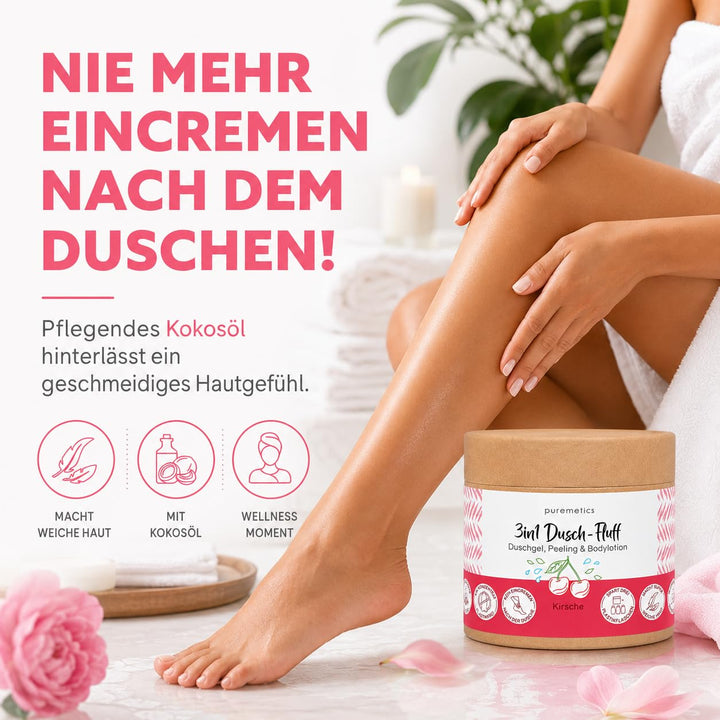 puremetics 3in1 Dusch-Fluff Kirsche, Duschgel, Peeling &amp; Bodylotion, 250 g Limited Edition