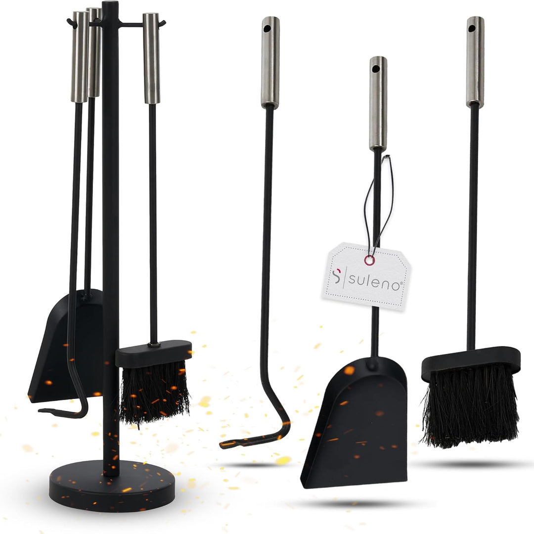 SULENO Kaminbesteck DUBLIN 4-teilig Kamingarnitur mit Ascheschaufel Besen Schürhaken, Kaminset & Hal