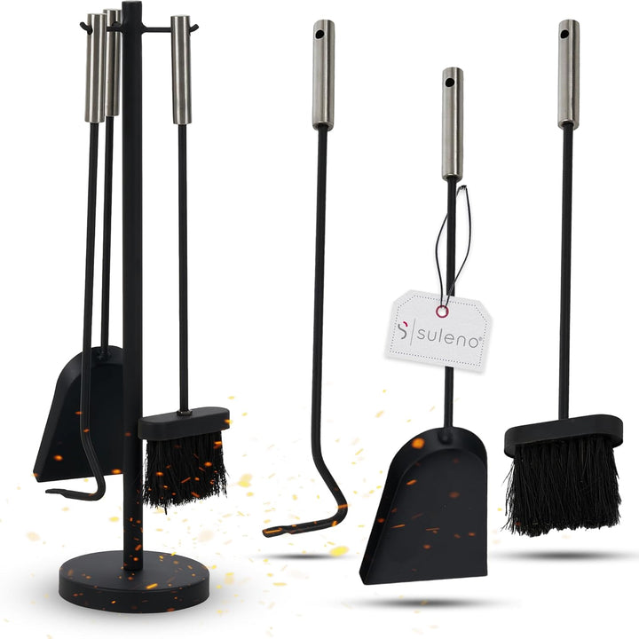 SULENO Kaminbesteck DUBLIN 4-teilig Kamingarnitur mit Ascheschaufel Besen Schürhaken, Kaminset & Hal