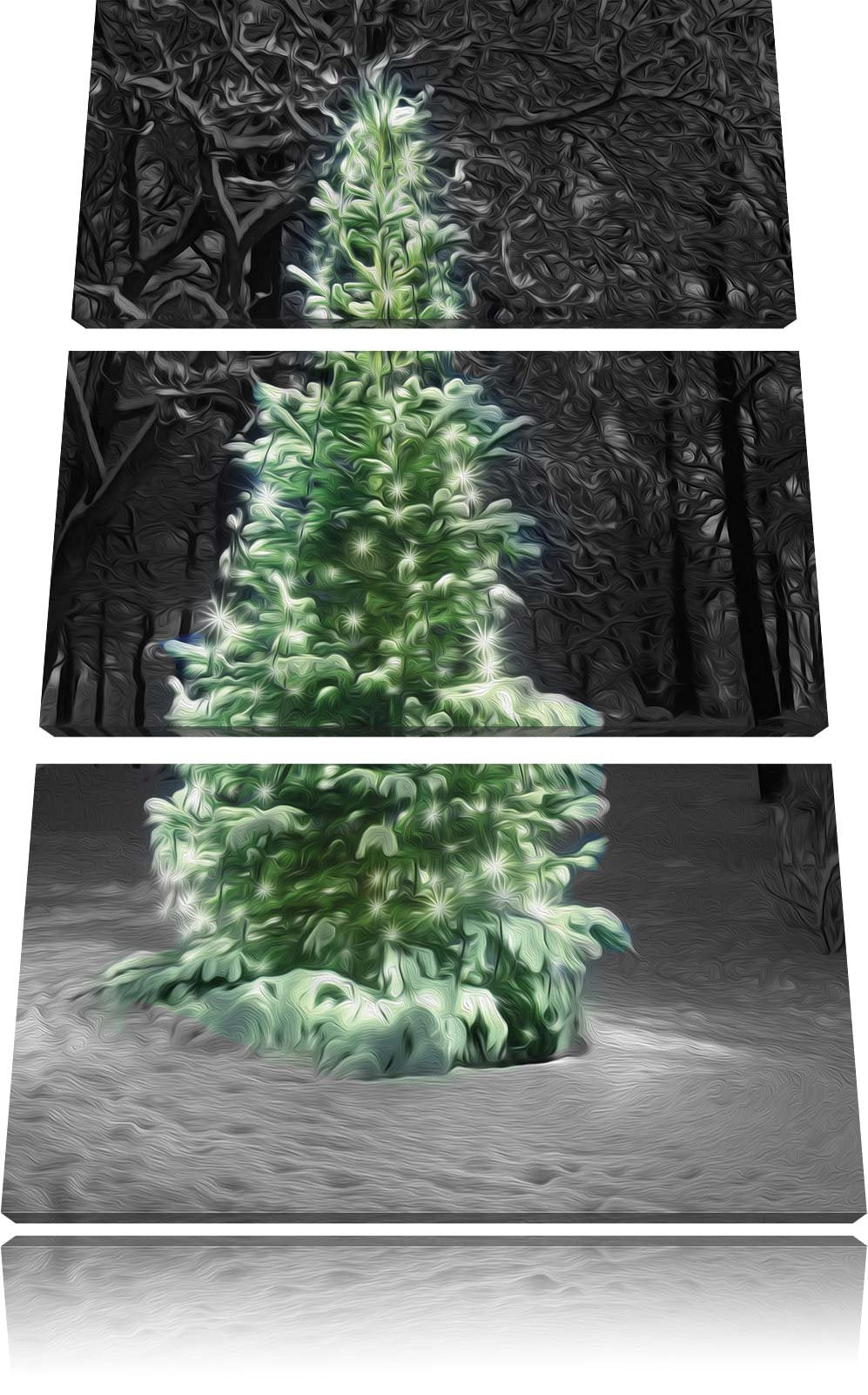 Pixxprint Weihnachtsbaum im Winterwald als Leinwandbild/Grösse: 3 Teilig (120x80) cm/Wandbild/Kunstd