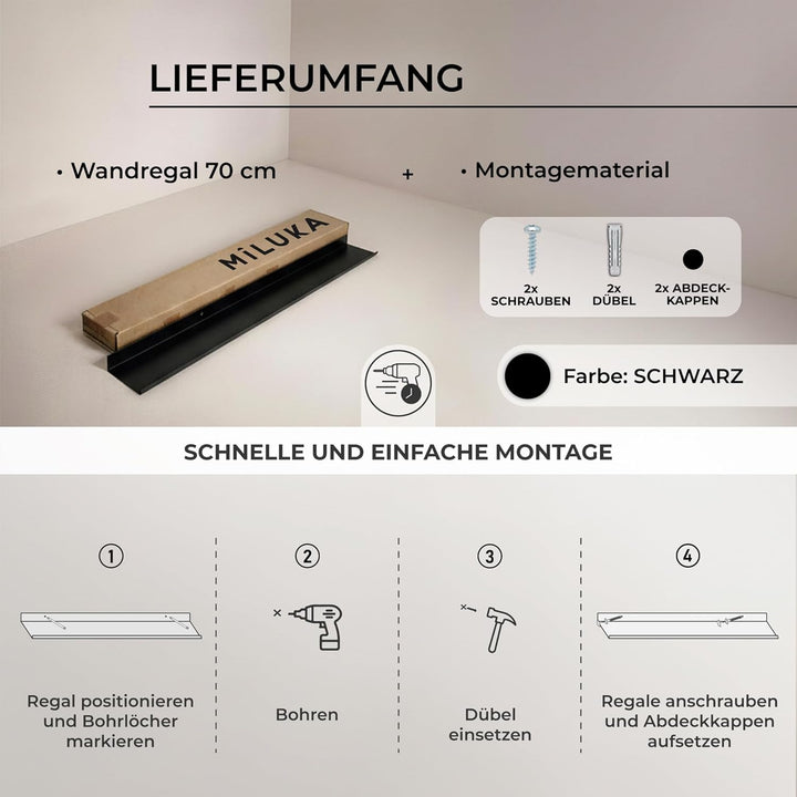 MILUKA Wandregal Schwarz Metall | Regal Wand 70 cm Long | Wandboards, Für Dekos, Bilderrahmen, Buch,