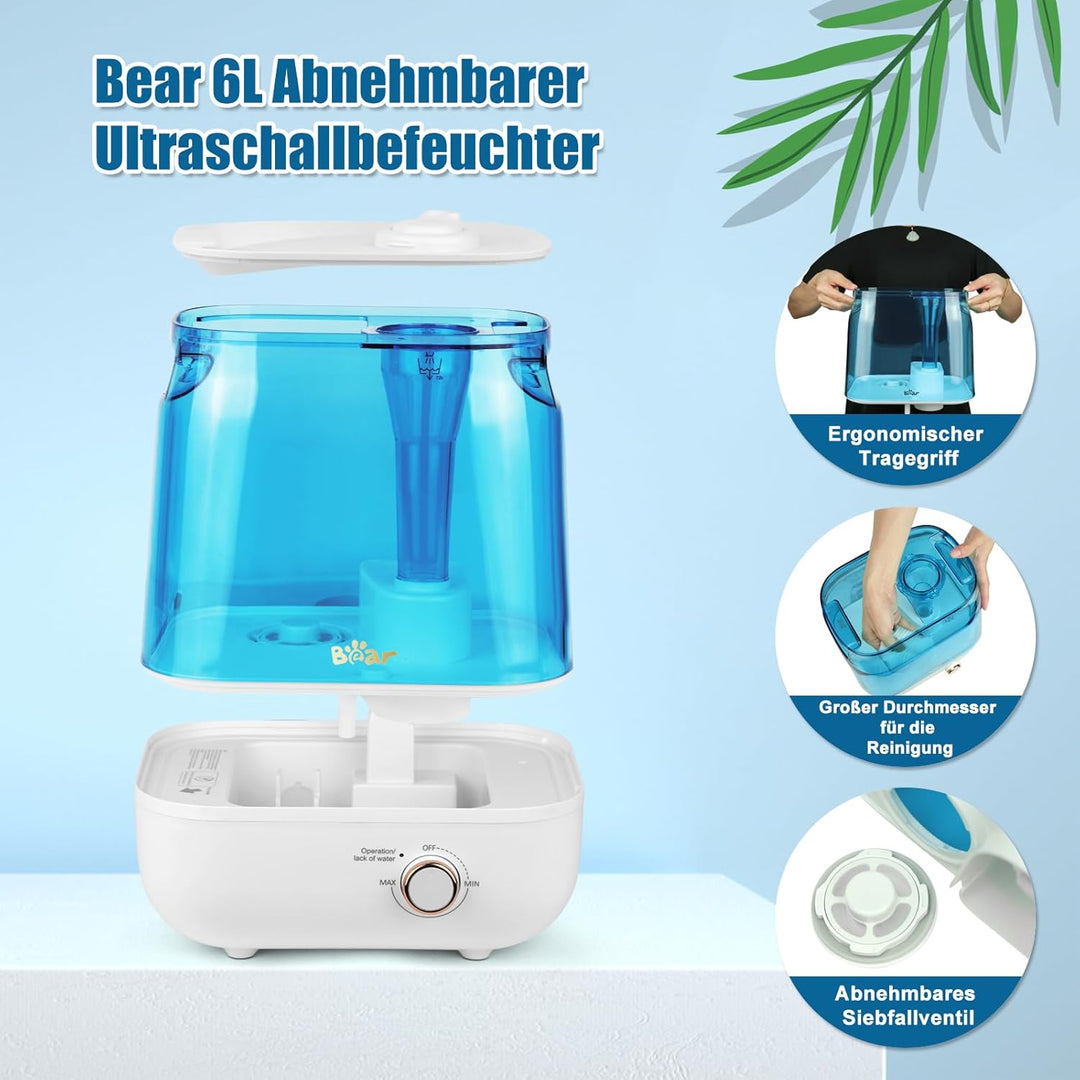 Bear 2023 6L Top-Füllung Zwei Auslassdüsen Luftbefeuchter, Ergonomischer Tragegriff，Mit Aromatherapi