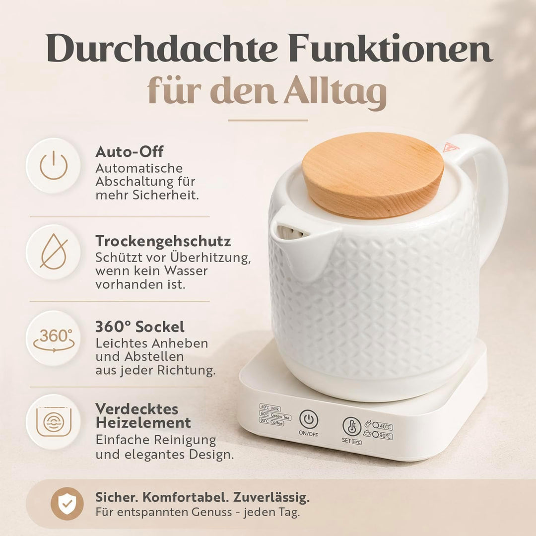 Elysium Wasserkocher Keramik 1L, elektrischer Wasserkocher mit Temperatureinstellung 40/60/90 °C, Wa