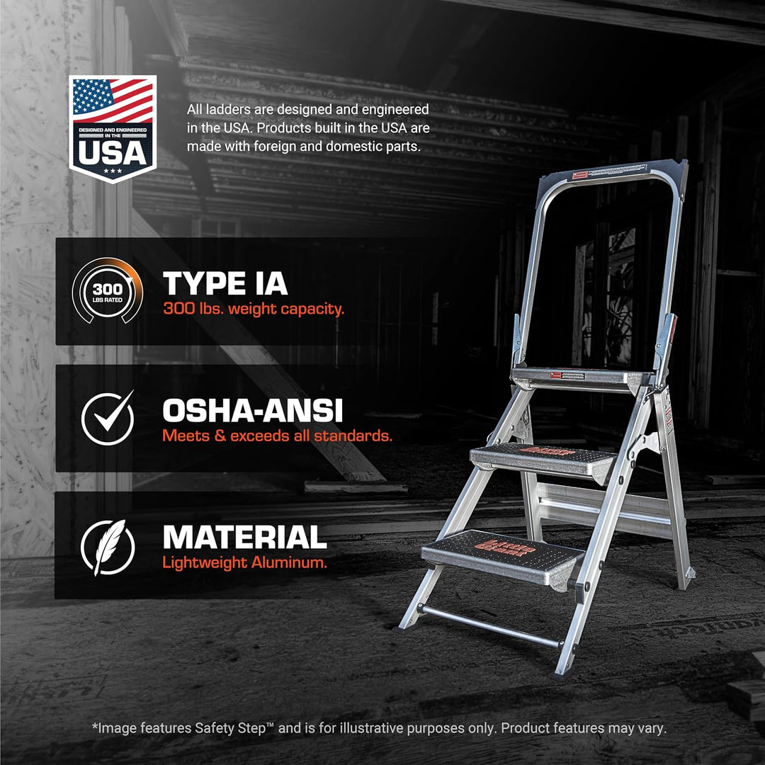 Little Giant Ladders, Safety Step, 2-Step, 2 foot, Step Stool, Aluminum, Type 1A, 300 lbs weight rat