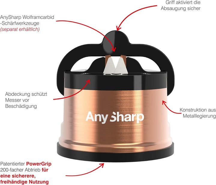 AnySharp Pro Metall Messerschärfer, Freihändige Sicherheit, PowerGrip Saugnapf, Schärft alle Küchenm