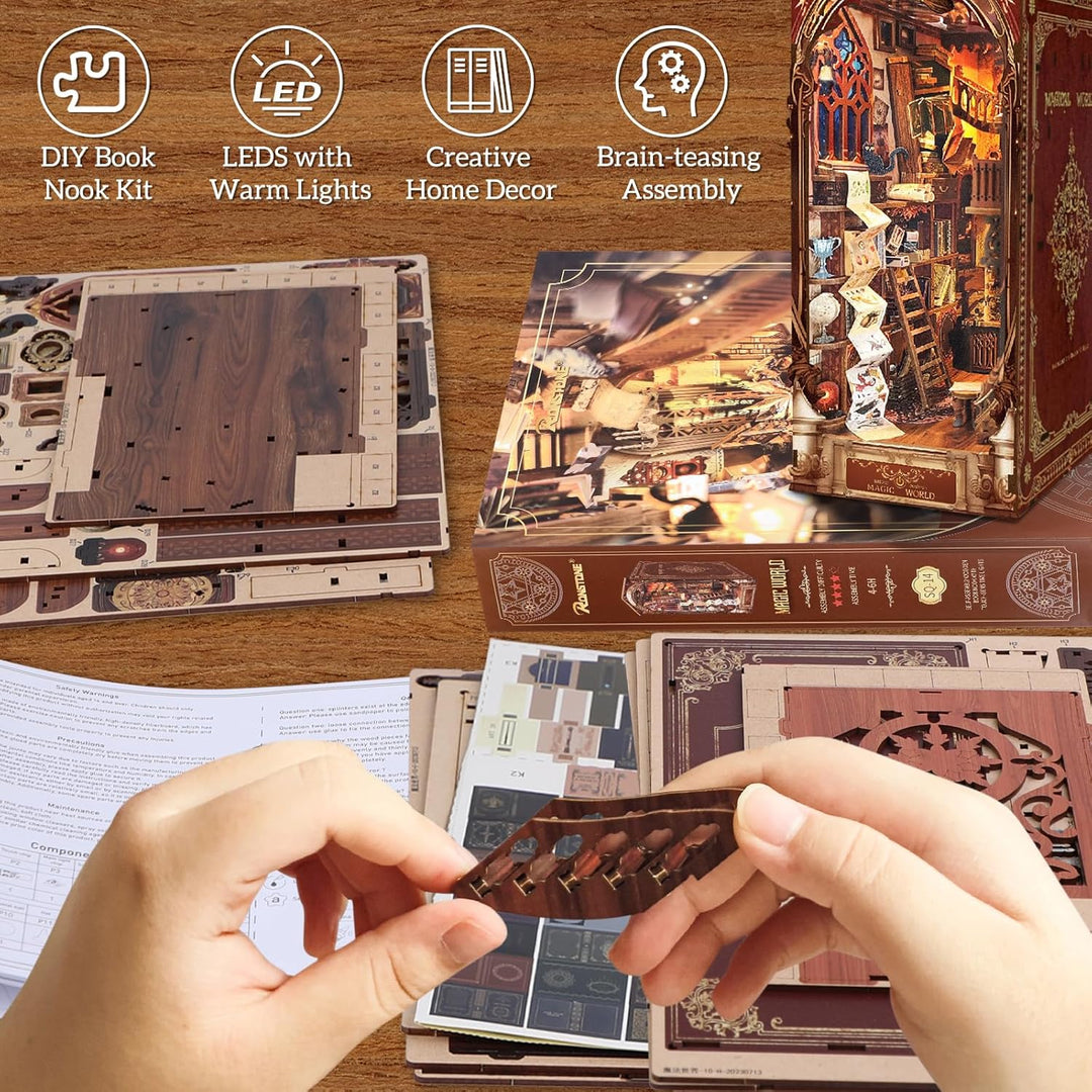 RONSTONE DIY Magische Welt Book Nook Kit, DIY Puppenhäuser Miniatur Haus Kit mit Staubschutzhülle un