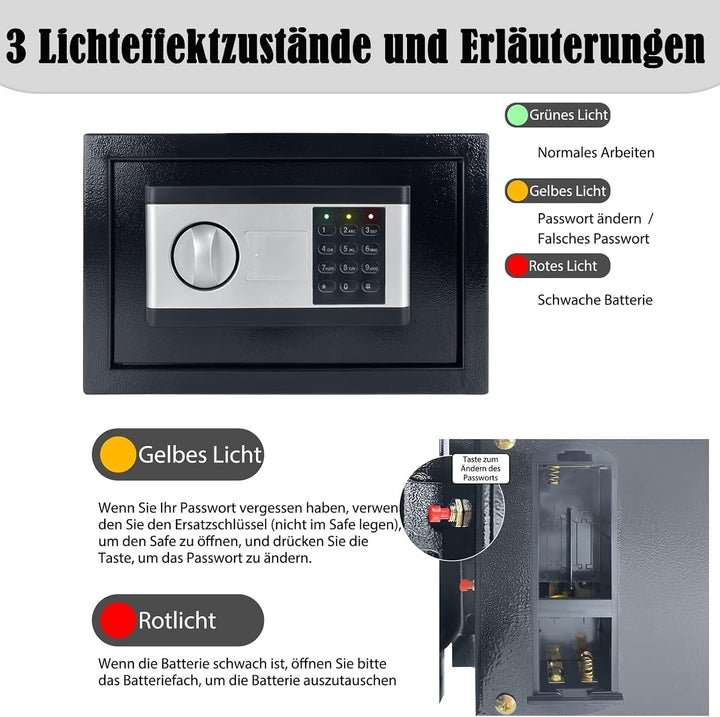 Aufun Elektronischer Safe Tresor 12L mit Batteriebox 2 Sicherheitsschlüssel | Möbeltresor Boden Wand