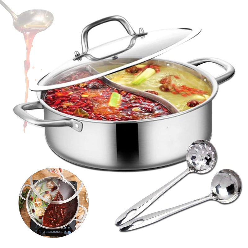 Hot Pot Kocher, 32cm Edelstahl Yin Yang Hot Pot Dual Sided Teiler Kochen Suppe Hot Pot mit Doppelgri