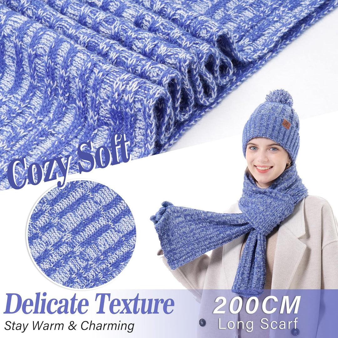 Bequemer Laden Damen Winter Warm Pompom Mütze Touchscreen Handschuhe Lang Schal Set mit Fleece Gefüt