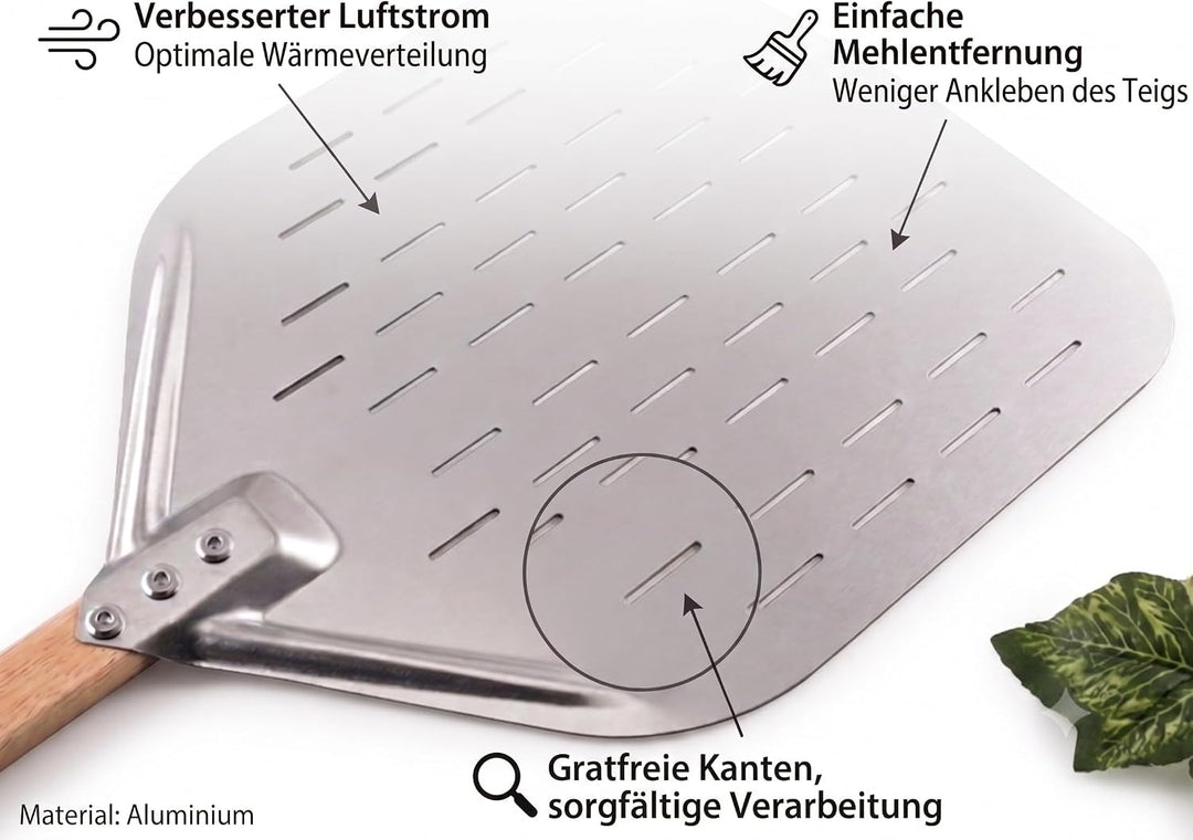 Pizzaschieber perforiert 39.5 * 30 * 70 cm – Aluminium Pizzaschaufel mit abnehmbarem Holzgriff, leic