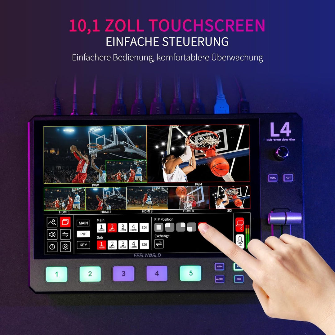 FEELWORLD L4 10,1 Zoll Touchscreen Video Switcher 10,1 Zoll Touchscreen, Echtzeit-Vorschau 5 Eingang