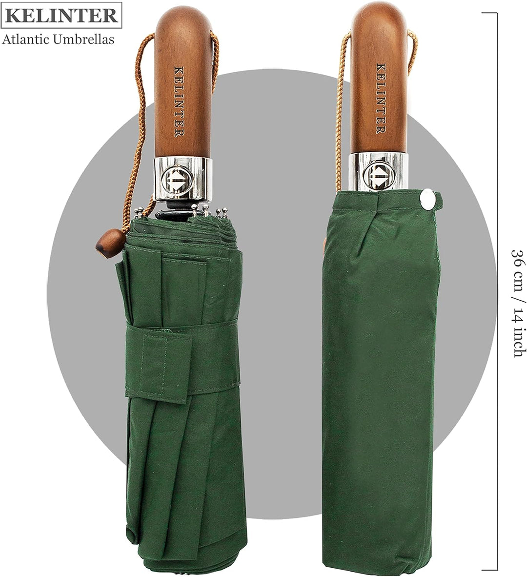 KELINTER Automatischer Klappschirm - 10 Verstärkte Streben, Teflon 300T, Windsicher, Holzgriff Ergon