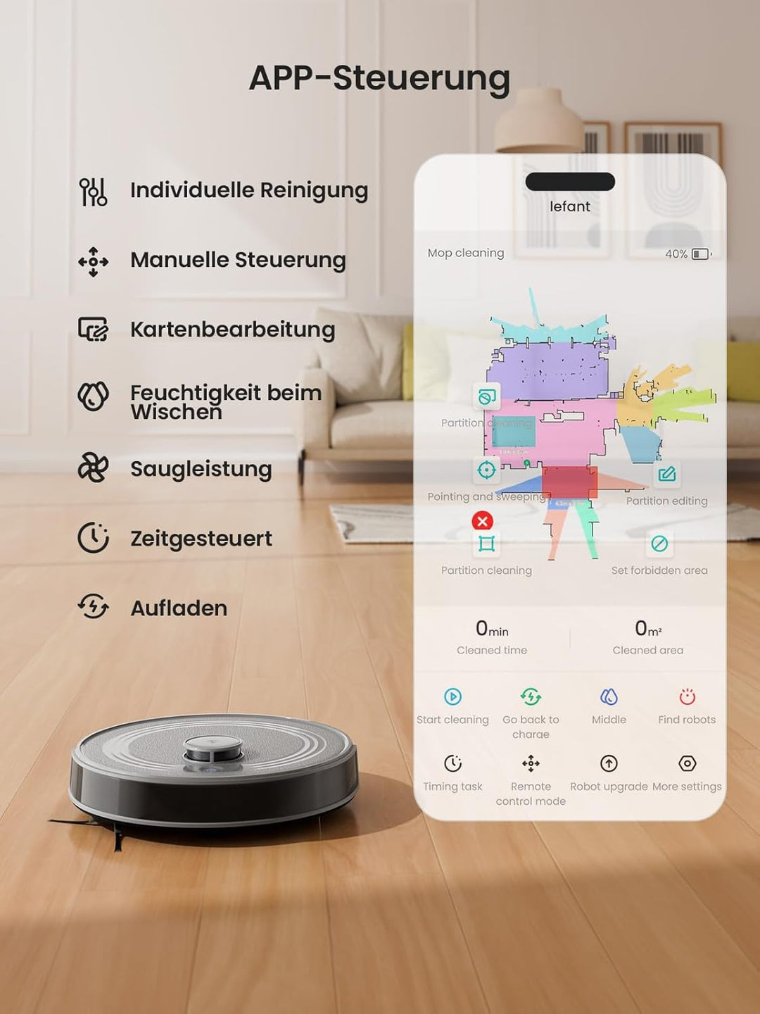 LEFANT M2 Saugroboter mit Wischfunktion, LiDAR Navigation, Roboter mit No-Go-Zonen, 6000Pa Staubsaug