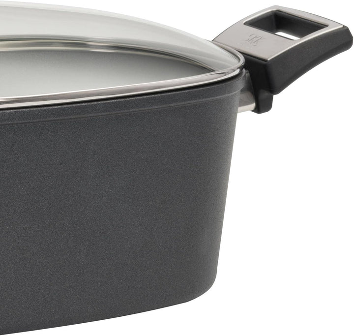 SKK grosser Antihaft Gussbräter 40x24 cm - ohne Induktion - rechteckiger Aluguss Bräter mit Glasdeck