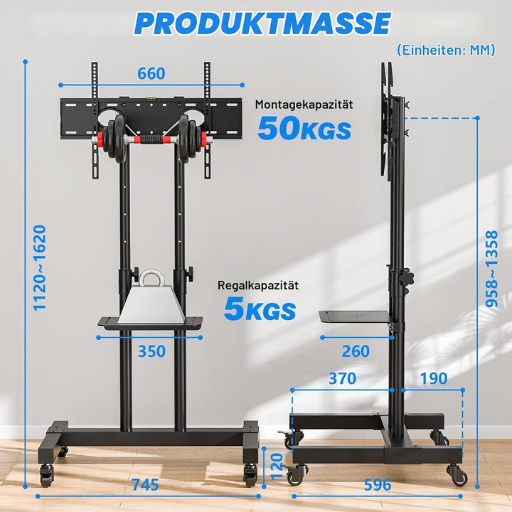 RFIVER Universal TV Ständer Rollbar für 32 40 42 43 49 50 55 65 70 75 Zoll Fernseher, TV Wagen mit R