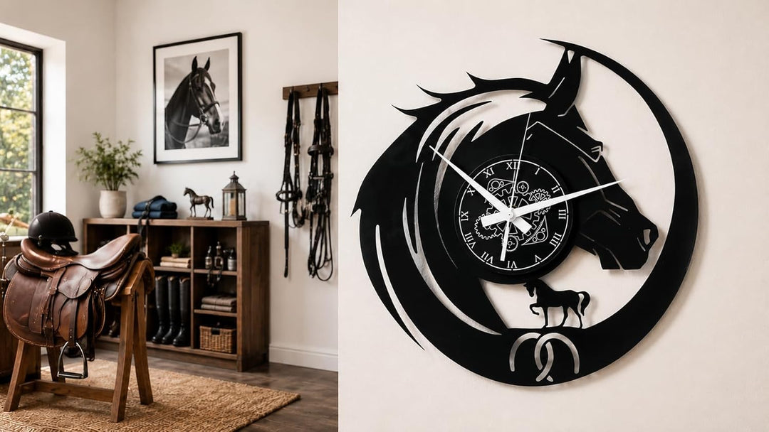 Instant Karma Clocks Wanduhr aus Vinyl Pferd Reiten Hufeisen