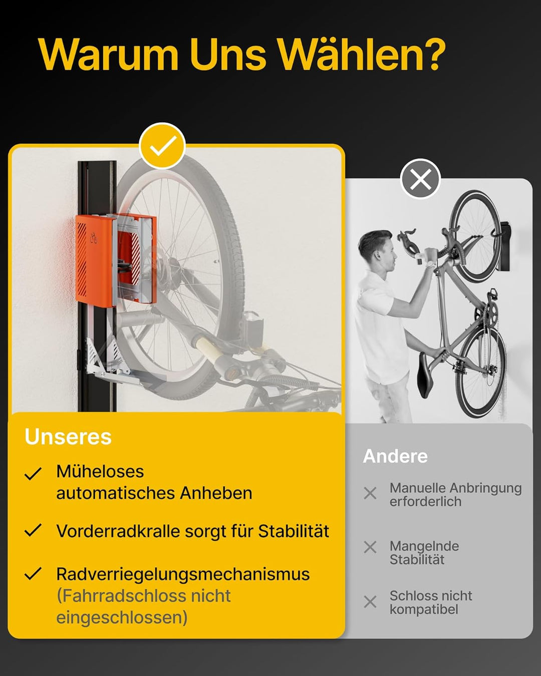 monTEK Automatischer Fahrradlift – Vertikaler Fahrradträger für schwere Fahrräder (bis 32 kg) – Einf