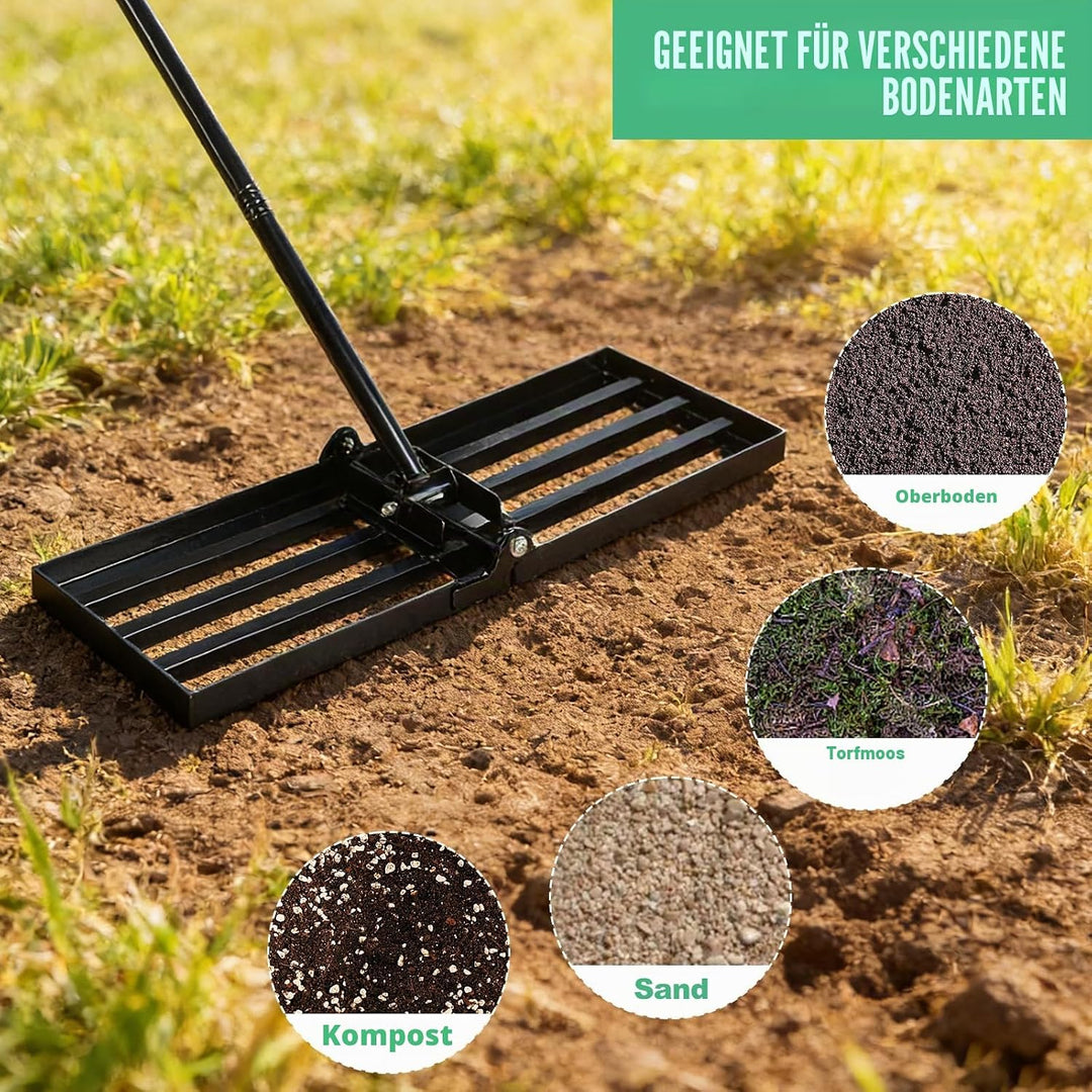 Rasen Nivellierrechen, 76 x 25 cm Rasen Egalisierer mit 213 cm Griff, verstellbarem Stiel Boden Egal