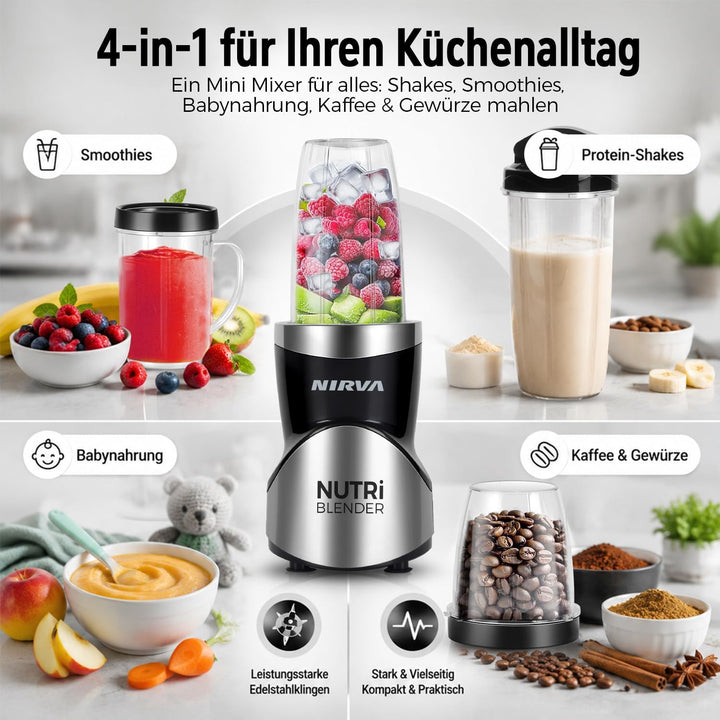 Nirva 4 in 1 Mini Mixer, Smoothie Maker mit 4 Tragbare, Mixbechern Zweiblatt und Vierblatt Edelstahl