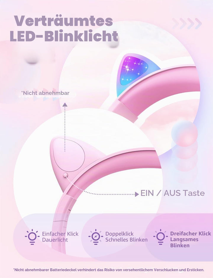 iClever Kinder Kopfhörer, Katzenohr-LED-Leuchte Over-Ear mit 85dBA Lautstärkebegrenzung Faltbare HD