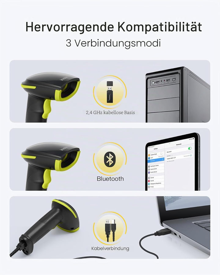 Inateck Barcode Scanner Bluetooth 2D mit Ständer, BCST-35 Grün | Kabellos QR Code Scanner mit Blueto