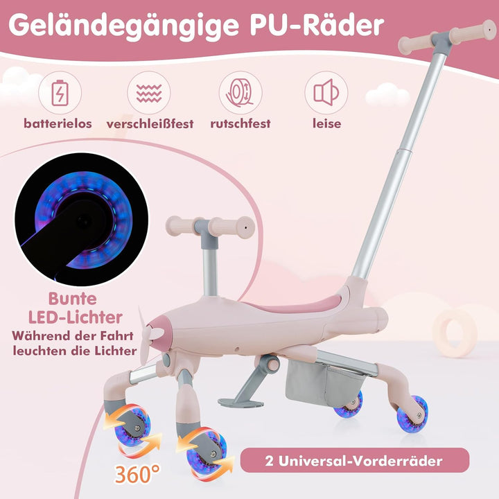 DREAMADE 2-in-1 Rutschauto, Flugzeug-Form Rutscherfahrzeug mit LED-Leuchten Rädern, Verstellbarer Sc