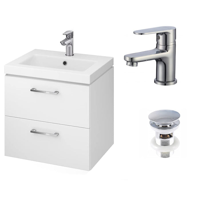 VBChome Waschbecken mit Unterschrank 60 cm mit Armatur und Pop Up ventil 2 Schubladen Weiss Badmöbel