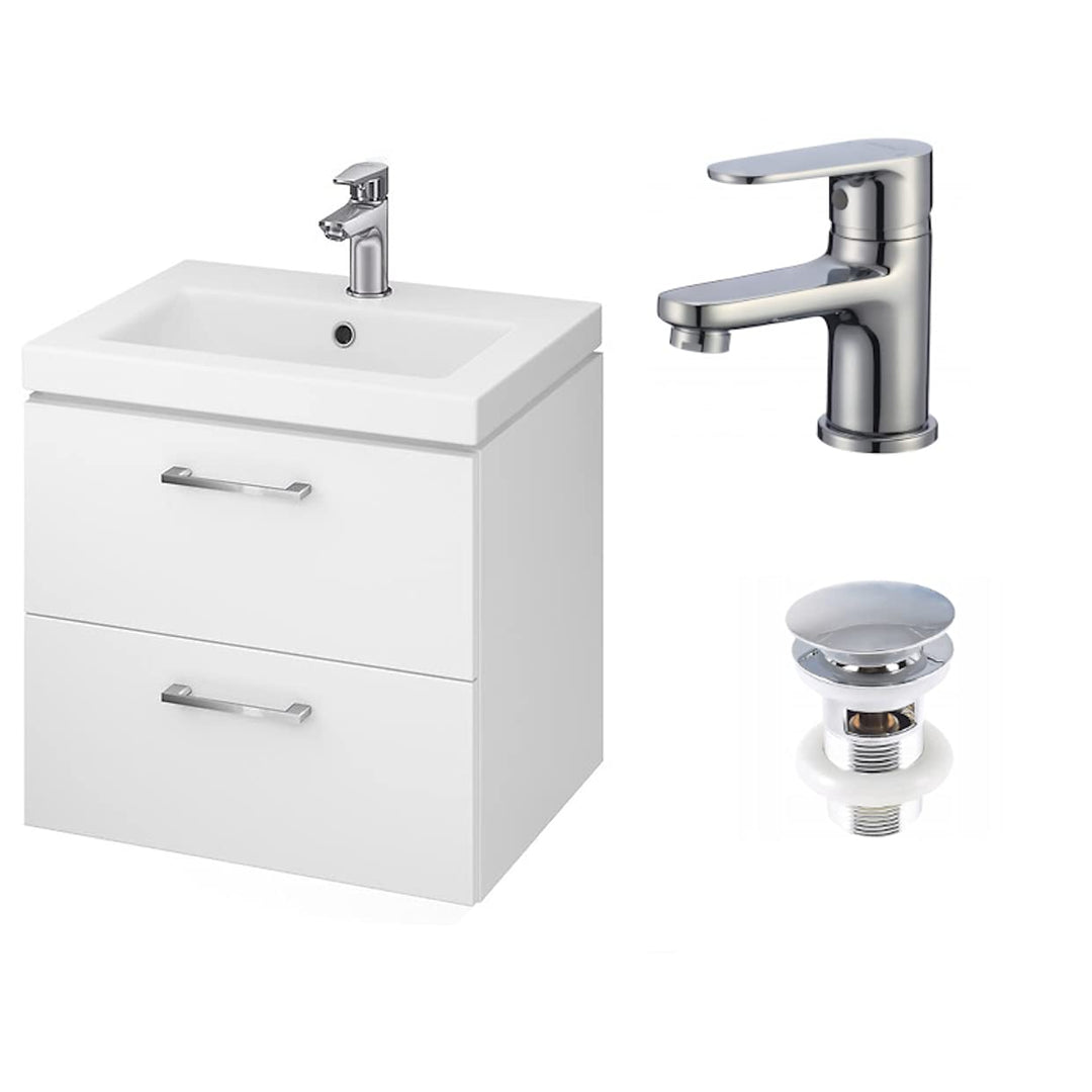VBChome Waschbecken mit Unterschrank 50 cm mit Armatur und Pop Up ventil 2 Schubladen Weiss Badmöbel